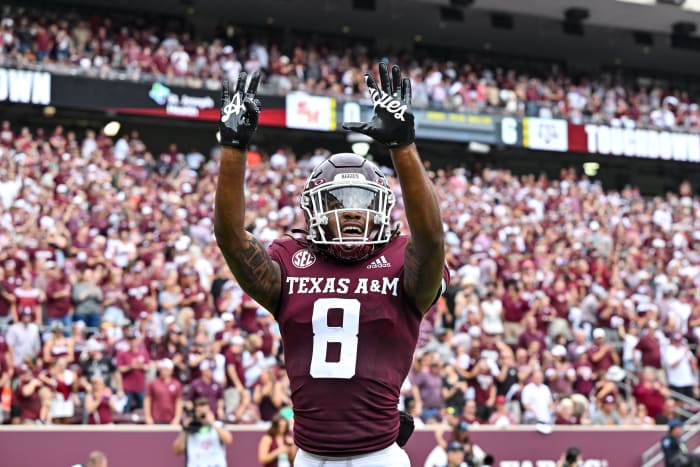 Sep 3, 2022; College Station, Texas, USA; Texas A&M Aggies wide receiver Yulkeith Brown (8) celebrates after his touchdown during the first quarter against the Sam Houston State Bearkats at Kyle Field.